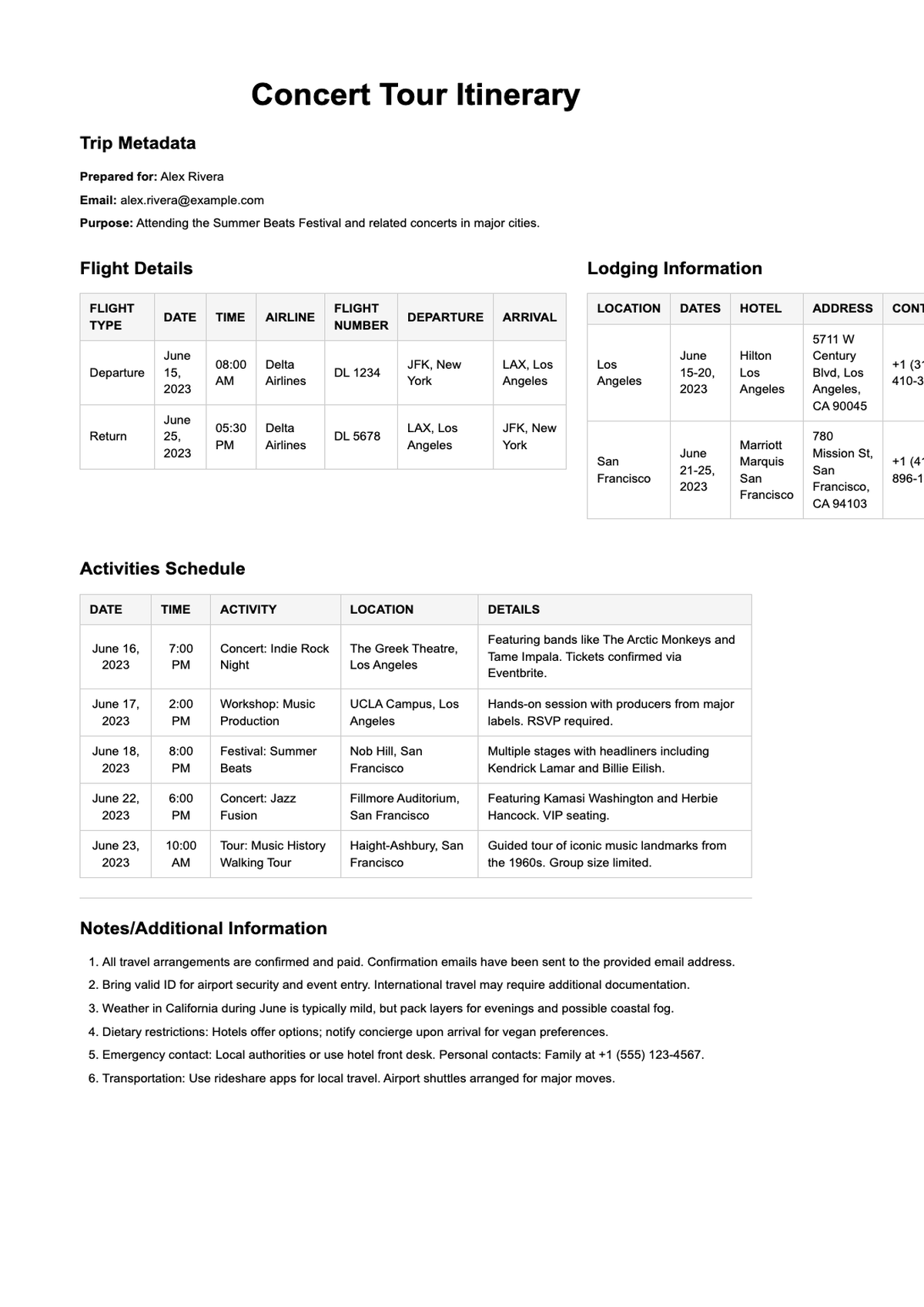 Concert tour itinerary with flight lodging and activity schedule_variant_1